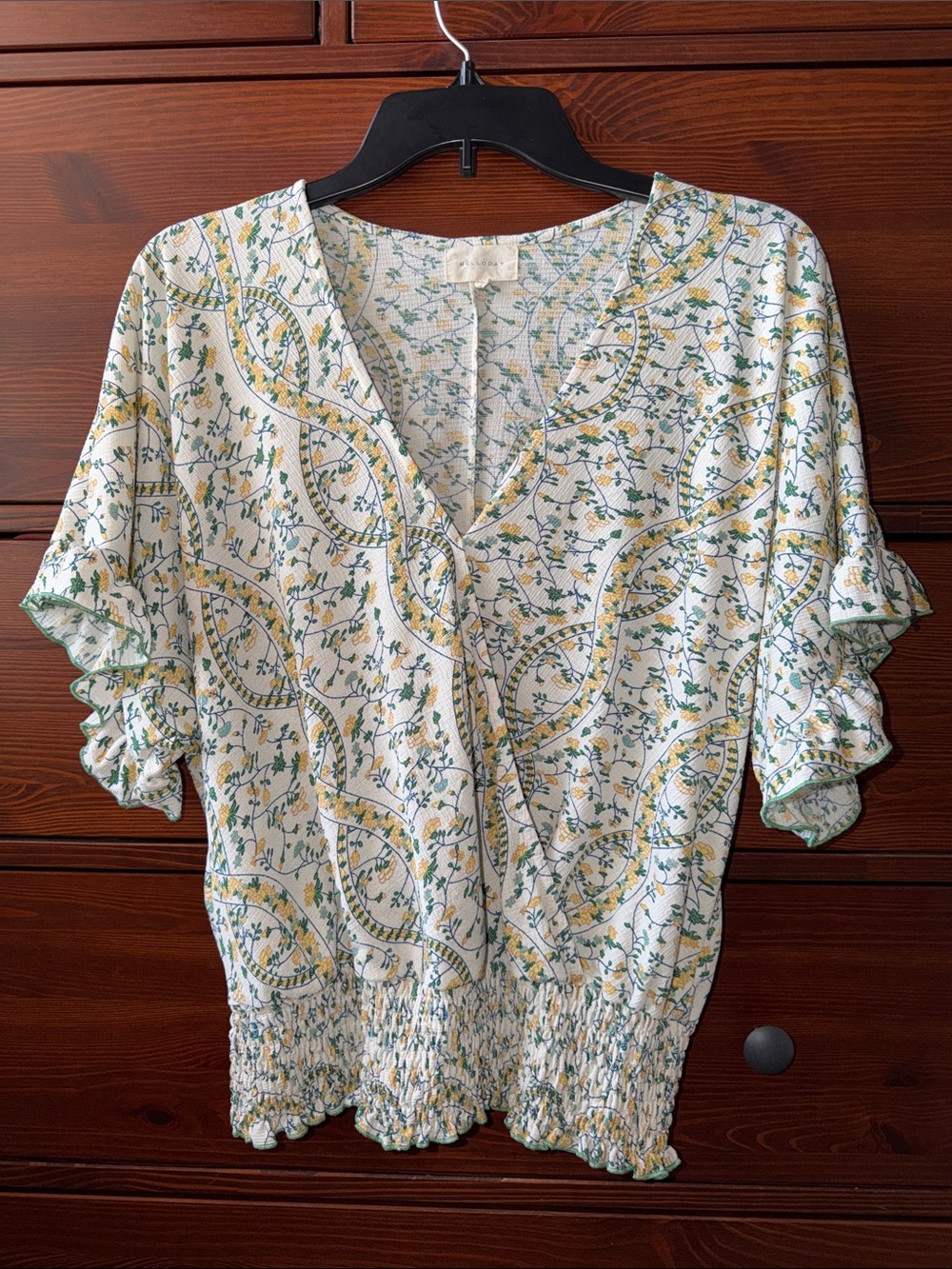 MELLODAY Floral Smocked Waist Blouse Green Yellow Floral Large
